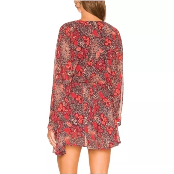 Free People Teegan Red Floral Mini Dress Sz XS Long Sleeve Flowy Cinched Waist - Picture 3 of 15